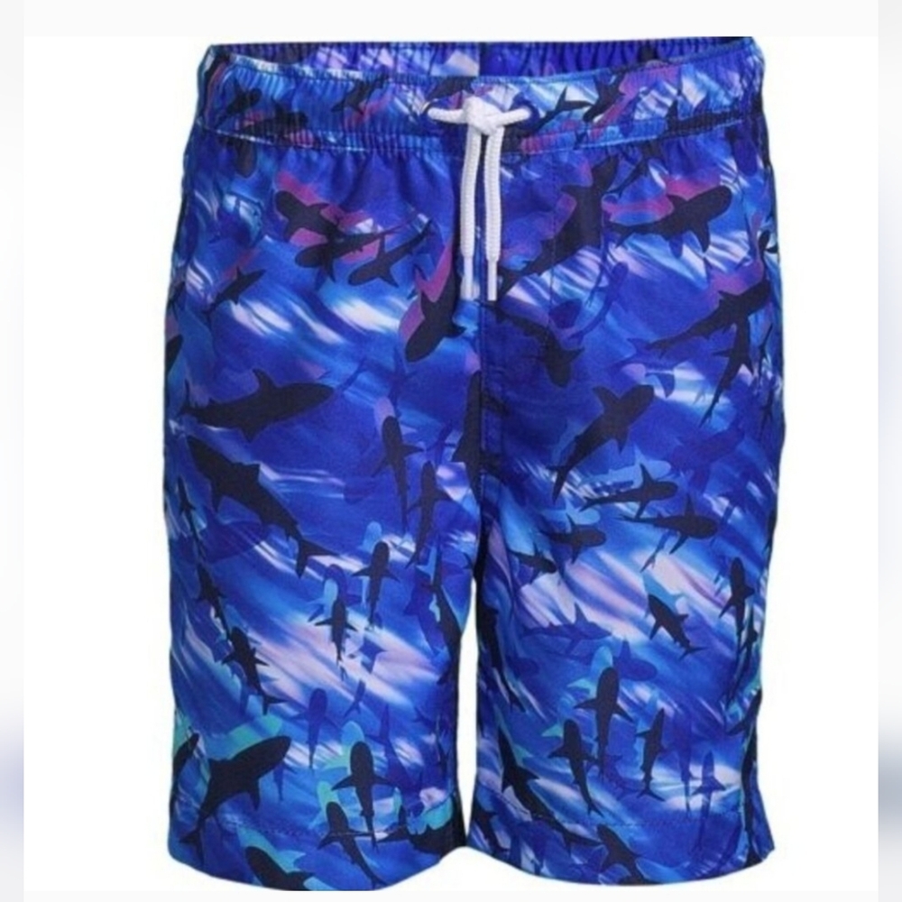 Lands Ends Boys Cool Shark Swim Trunks XS 4-5 Multicolor New
